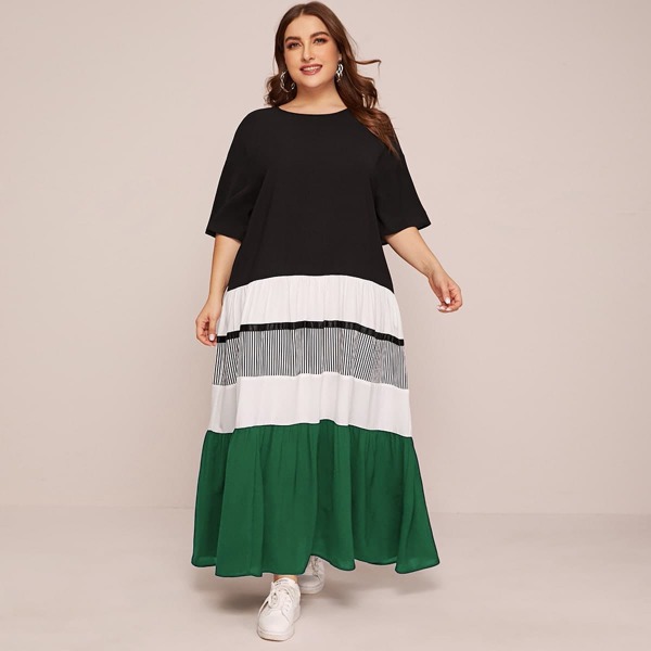 

Plus Drop Shoulder Colorblock Striped Panel Dress, Multicolor