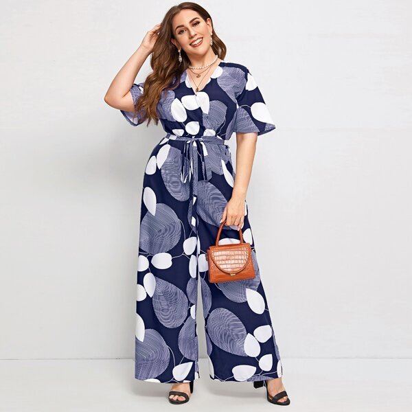 

Plus Surplice Neck Self Belted Wide Leg Allover Print Jumpsuit, Blue and white