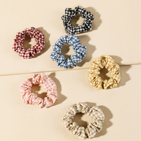 

6pcs Girls Gingham Pattern Scrunchie, Multicolor