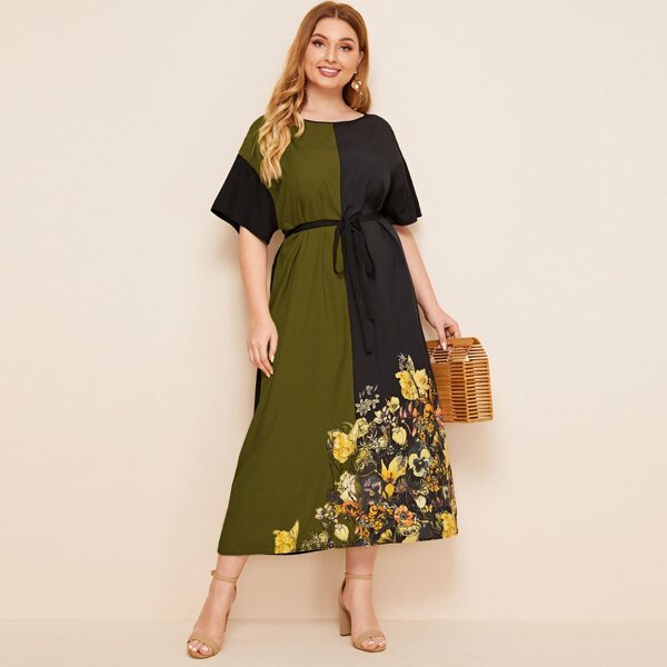 

Plus Self Belted Colorblock Floral Print Dress, Multicolor