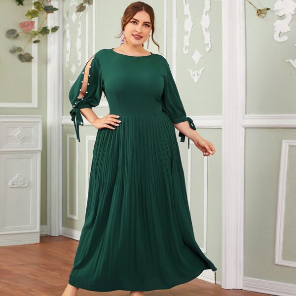 

Plus Pearl Beaded Knotted Split Sleeve Pleated Maxi Dress, Dark green