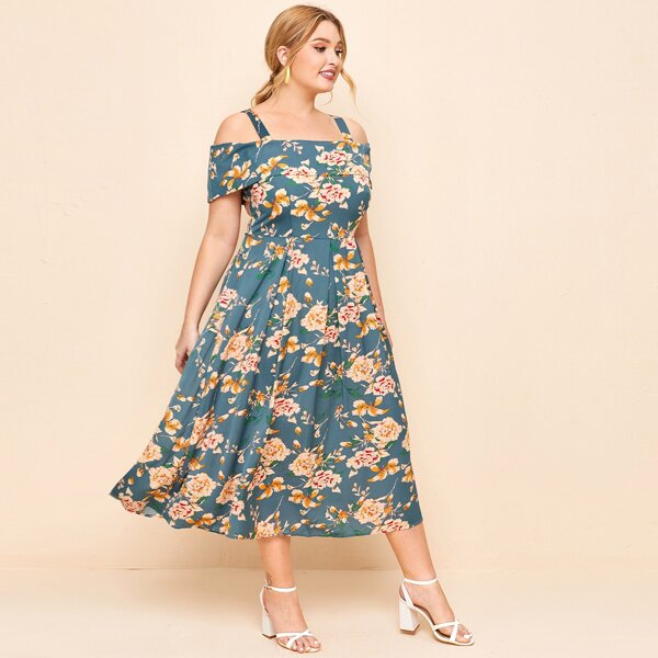 

Plus Cold Shoulder Foldover Front Boxy Pleated Floral Dress, Blue