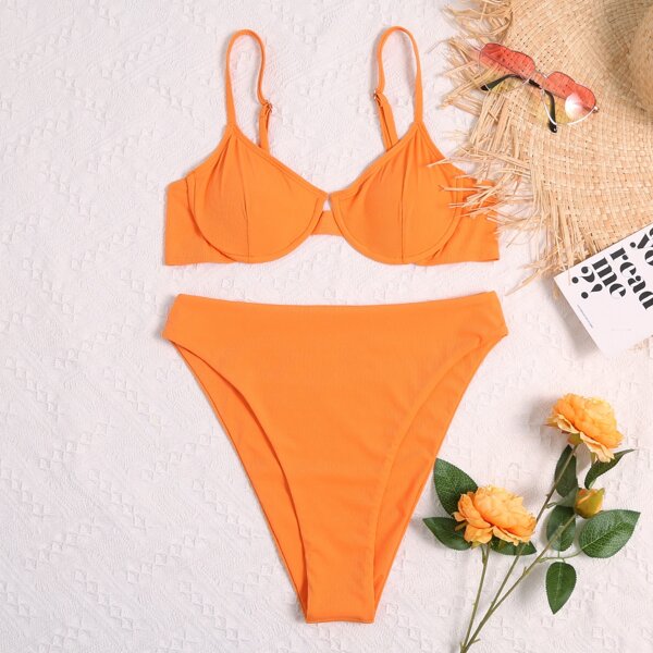 

Rib Underwire High Cut Bikini Swimsuit, Orange