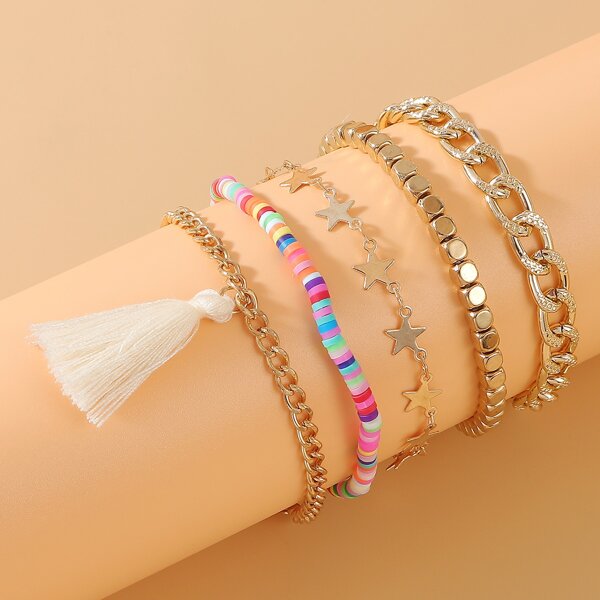 

5pcs Tassel Star Decor Bracelet, Multicolor