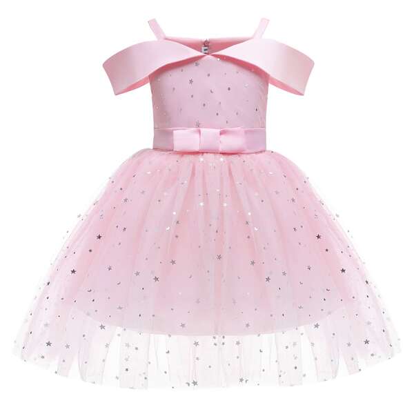 

Toddler Girls Galaxy Mesh Overlay Cold Shoulder Gown Dress, Baby pink
