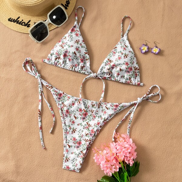 

Ditsy Floral Triangle Tie Side Bikini Swimsuit, Multicolor