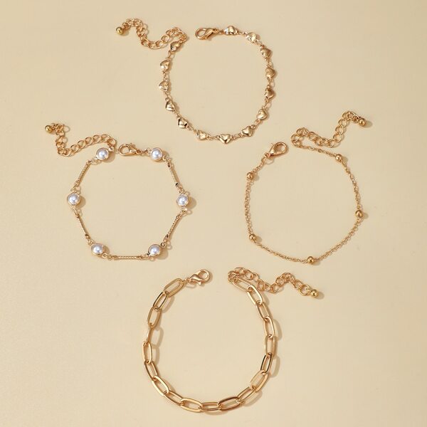 

4pcs Faux Pearl Heart Decor Anklet, Gold