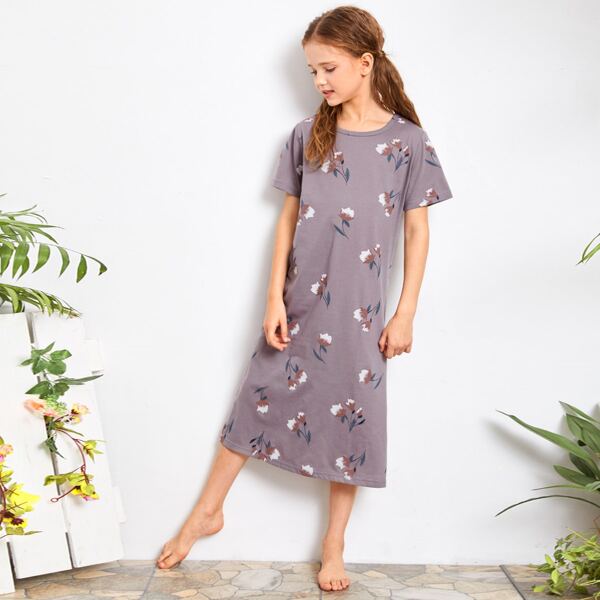 

Girls Floral Short Sleeve Nightdress, Dusty purple
