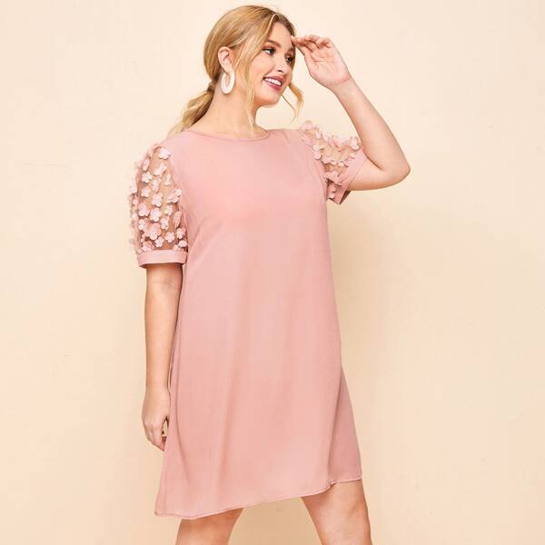 

Plus Appliques Mesh Sleeve Dress, Baby pink