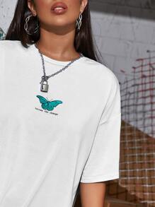SHEIN Unity Letter & Butterfly Graphic Longline Tee - White - View 3
