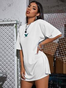 SHEIN Unity Letter & Butterfly Graphic Longline Tee - White - View 5
