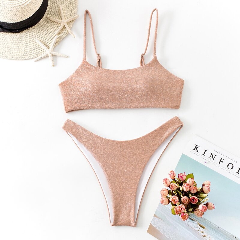 

Glitter High Leg Bikini Swimsuit, Pastel coral pink