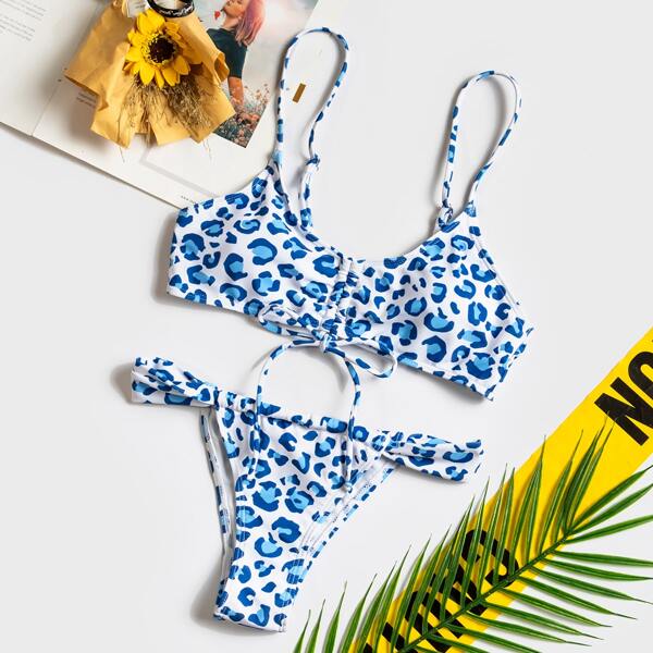 

Leopard Drawstring Thong Bikini Swimsuit, Blue and white