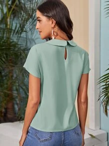 SHEIN Clasi Áo sơ mi Nút màu trơn Phấn màu Giải trí - Màu xanh Bạc hà - Xem 2