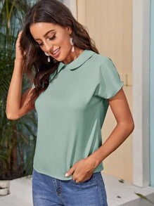 SHEIN Clasi Áo sơ mi Nút màu trơn Phấn màu Giải trí - Màu xanh Bạc hà - Xem 4
