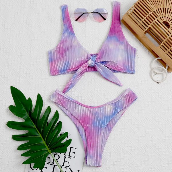 

Tie Dye Velvet Rib Knot Front Bikini Swimsuit, Multicolor