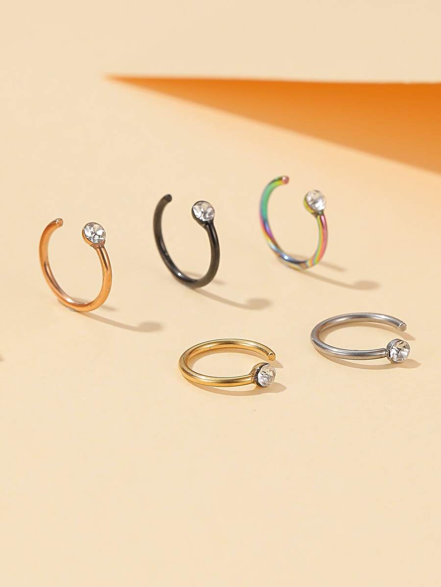 5pcs/set Stainless Steel, Rhinestone Decor Nose Ring For Women And Men, Punk Piercing, A Fashionable Body Jewelry Gift For Any Occasion, Stainless Steel Jewelry - Multicolor - View 1