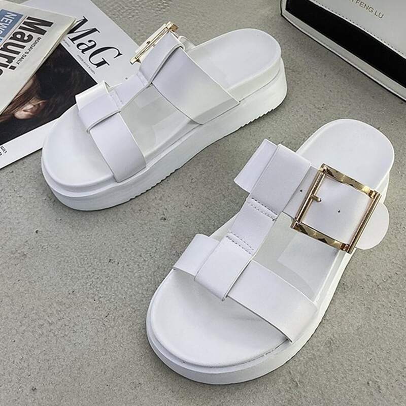 

Buckle Flatform Slide Sandals, White