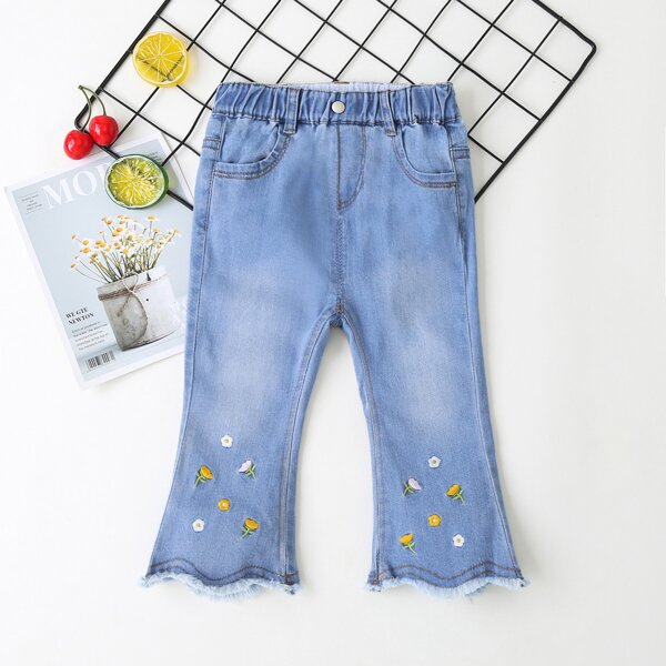 

Toddler Girls Floral Embroidered Raw Hem Jeans, Light wash