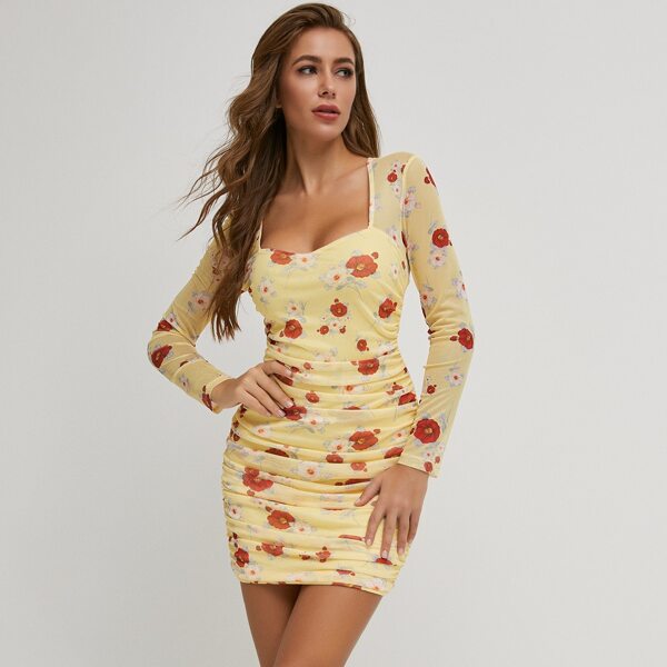 

Sweetheart Neck Floral Mesh Bodycon Dress, Yellow
