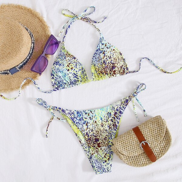 

Allover Print Triangle Halter Tie Side Bikini Swimsuit, Multicolor