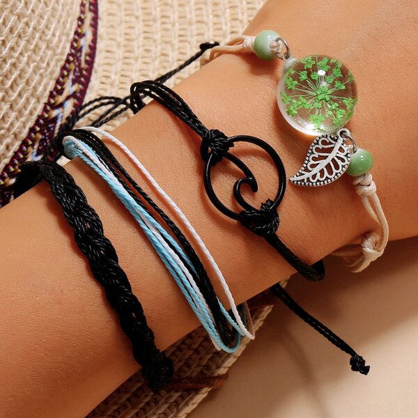 

4pcs Wave Leaf Decor String Bracelet, Multicolor