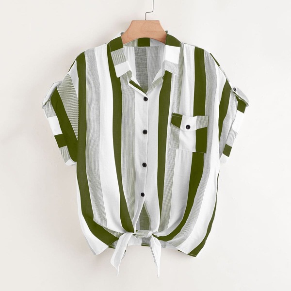 

Plus Striped Knot Hem Blouse, Multicolor