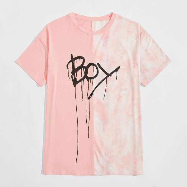 

Men Letter Graphic Tie Dye Colorblock Tee, Baby pink