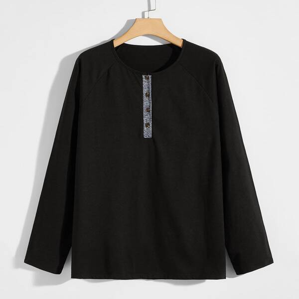 

Men Contrast Trim Henley Shirt, Black