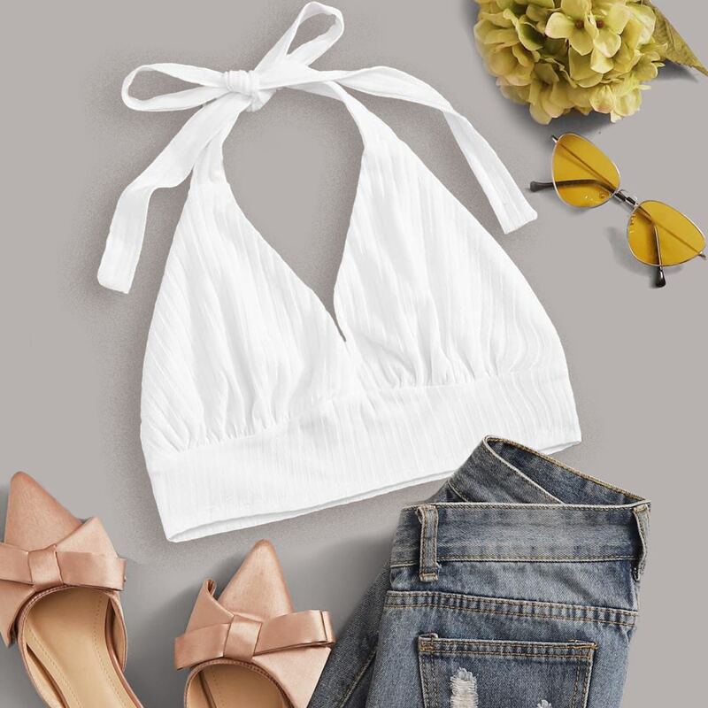 

Rib Crop Halter Top, White