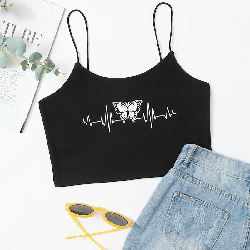 

Butterfly Print Crop Cami, Black