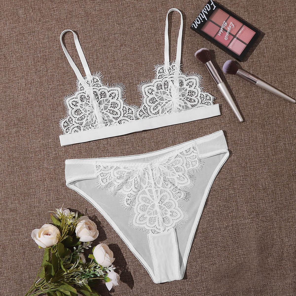 Image of Contrast Lace Mesh Lingerie Set