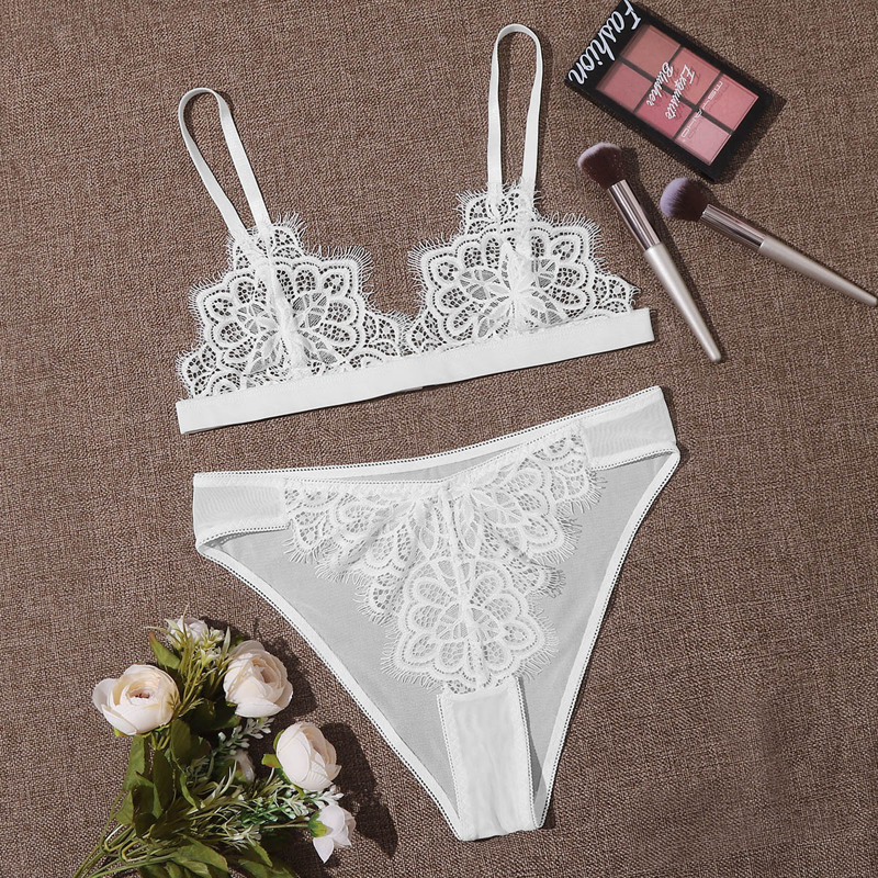 

Contrast Lace Mesh Lingerie Set, White