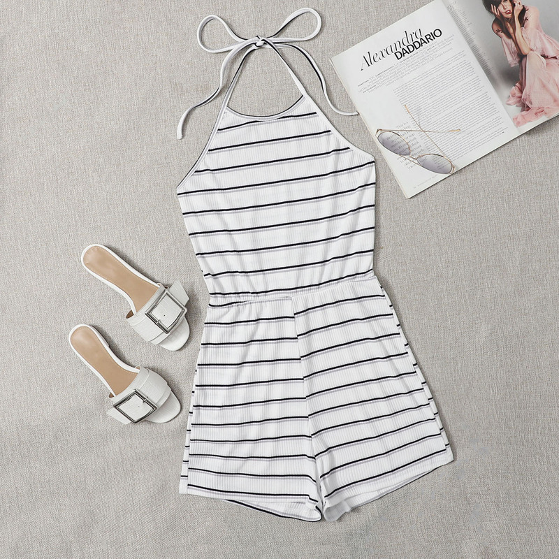 

Striped Halter Romper, Black and white