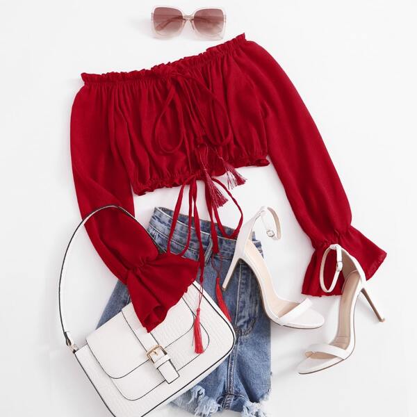 

Plus Tassel Knot Frill Chiffon Crop Bardot Top, Red bright