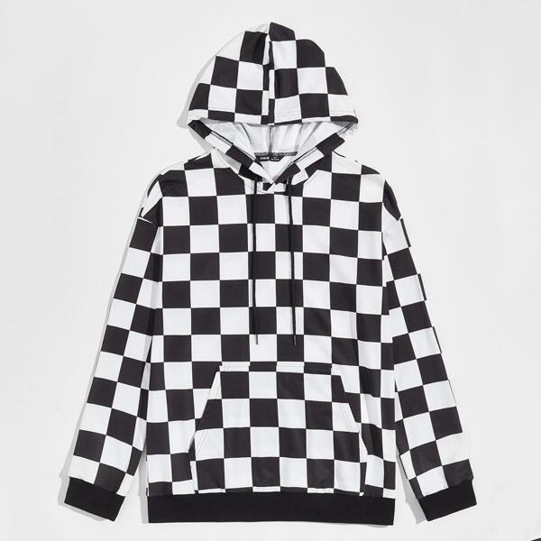 

Men Drop Shoulder Checker Drawstring Hoodie, Black and white