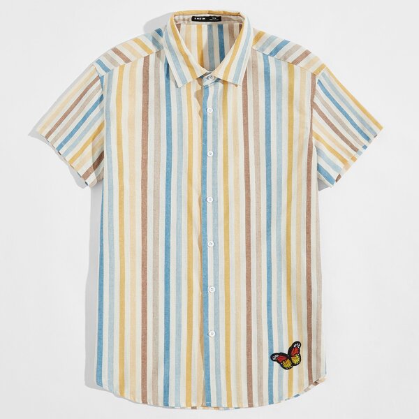 

Men Butterfly Patched Striped Shirt, Multicolor
