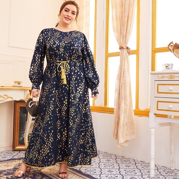 

Plus Stars Print Drawstring Waist Bishop Sleeve Dress, Navy blue