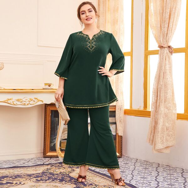 

Plus Rhinestone Notch Neck Tunic & Flare Leg Pants Without Belt, Dark green