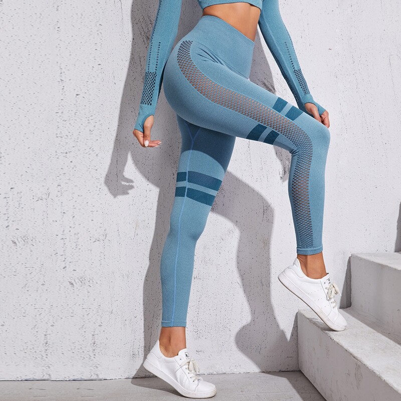 

Wideband Waist Hollow Out Sports Leggings, Dusty blue