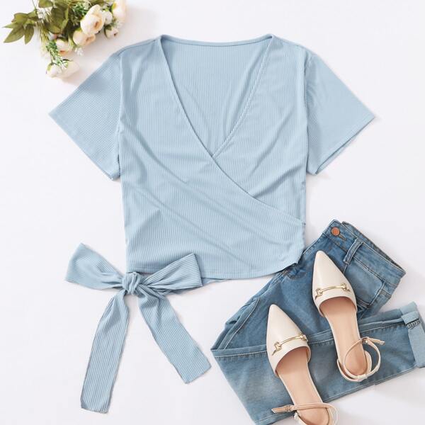 

Plus Surplice Neck Tie Side Rib-Knit Top, Baby blue