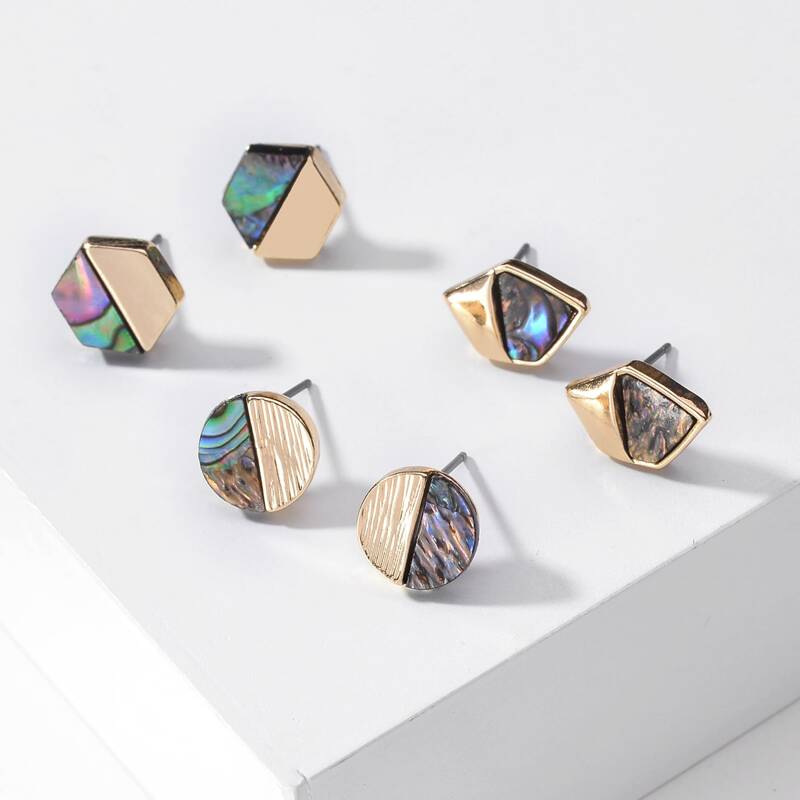 

3pairs Abalone Geometric Stud Earrings, Blue