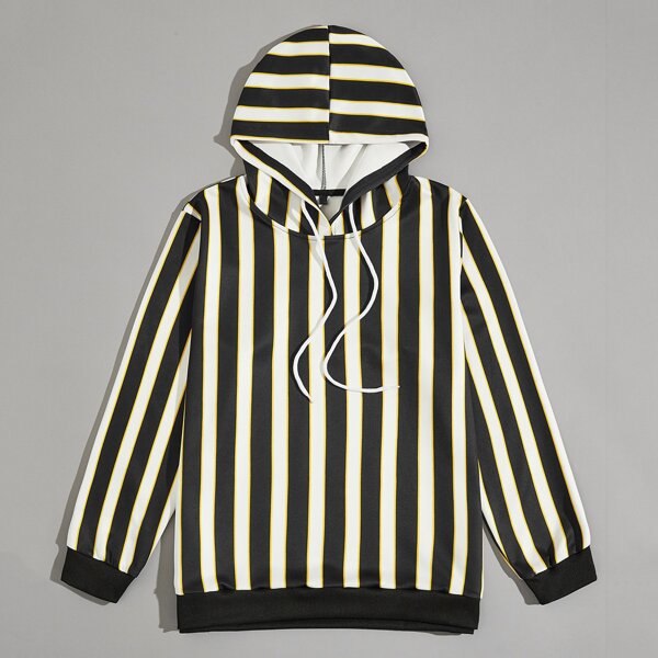 

Men Vertical Striped Drawstring Hoodie, Black and white