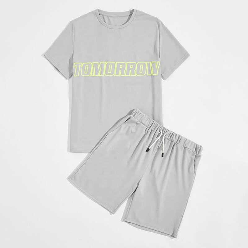 

Guys Letter Graphic Tee & Drawstring Waist Track Shorts, Light grey