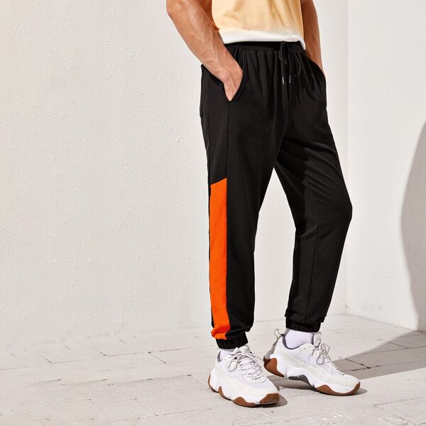 

Men Drawstring Waist Contrast Side Joggers, Black