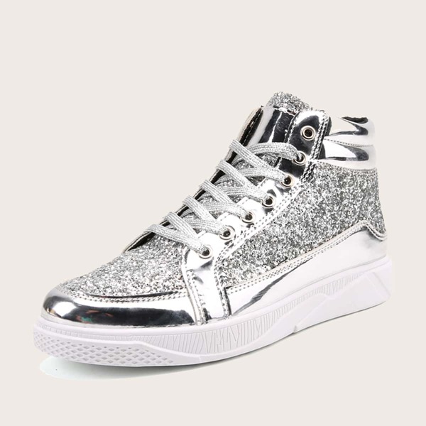 

Men Glitter Decor Lace-up Front Sneakers, Silver