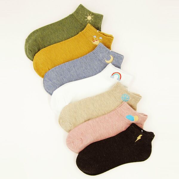 

7pairs Moon Embroidery Socks, Multicolor