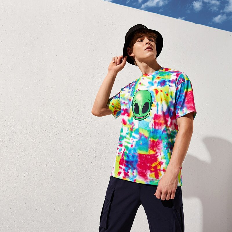 

Guys Drop Shoulder Alien Print Tie Dye Tee, Multicolor