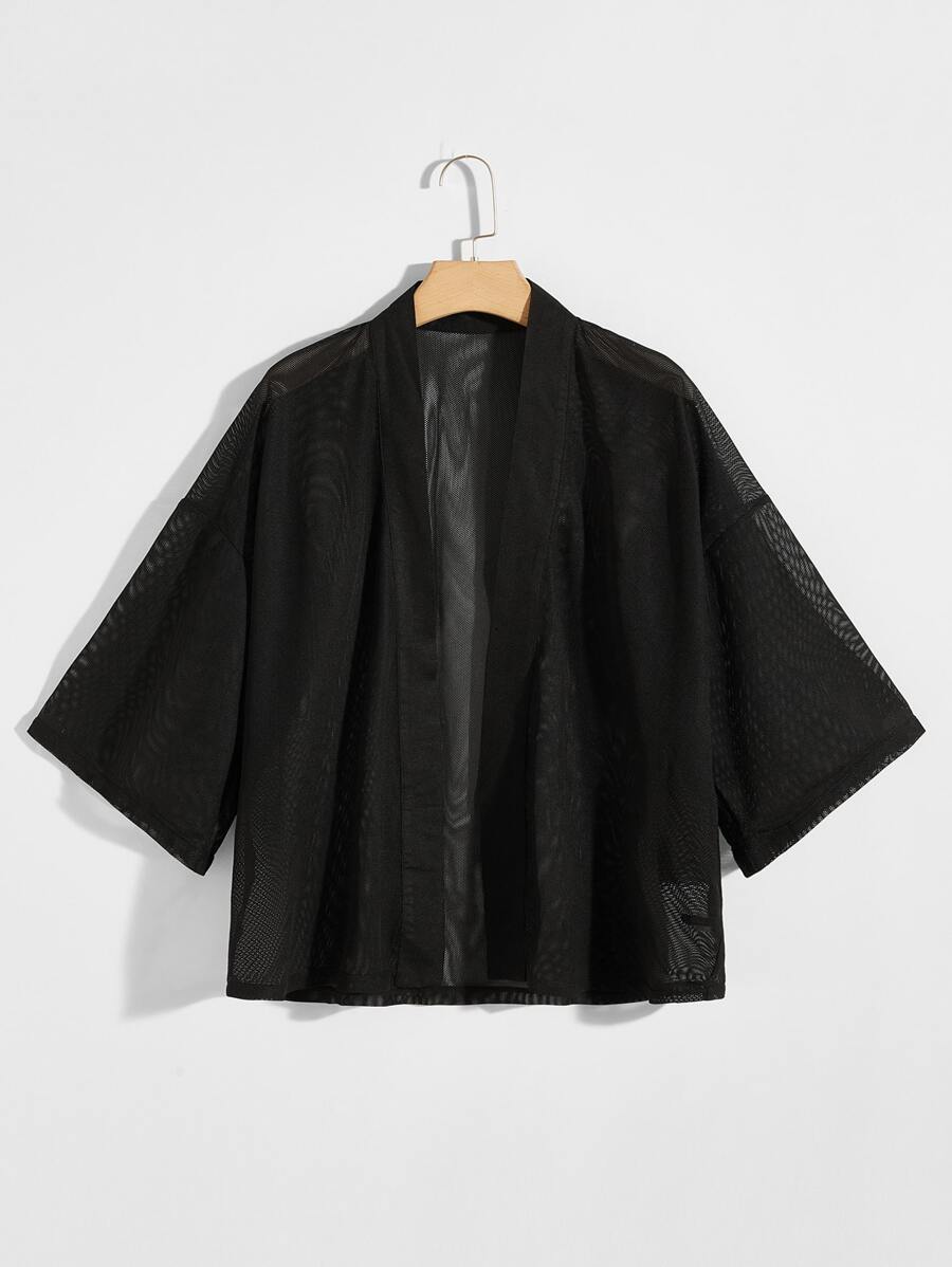 Manfinity RebelGame Men Drop Shoulder Open Front Sheer Mesh Shirt - Black - View 1