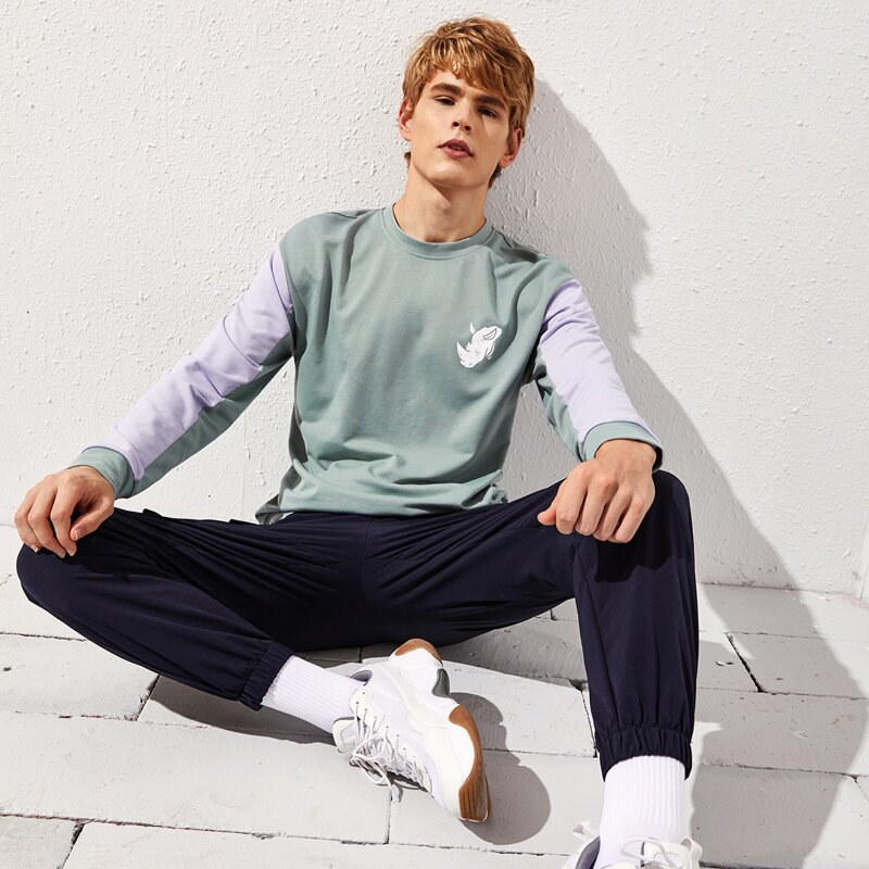 

Guys Drop Shoulder Rhinoceros Print Colorblock Pullover, Mint green